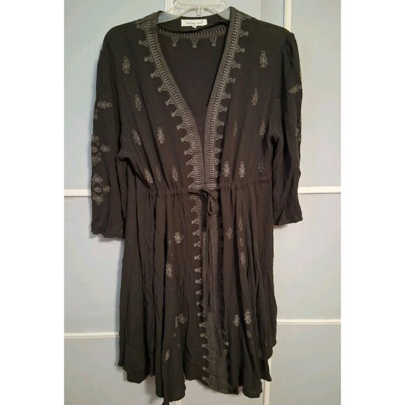 INDIGO SOUL Boho Peasant Embroidered Pullover Dress L Brown Crinkle Rayon - Picture 1 of 11